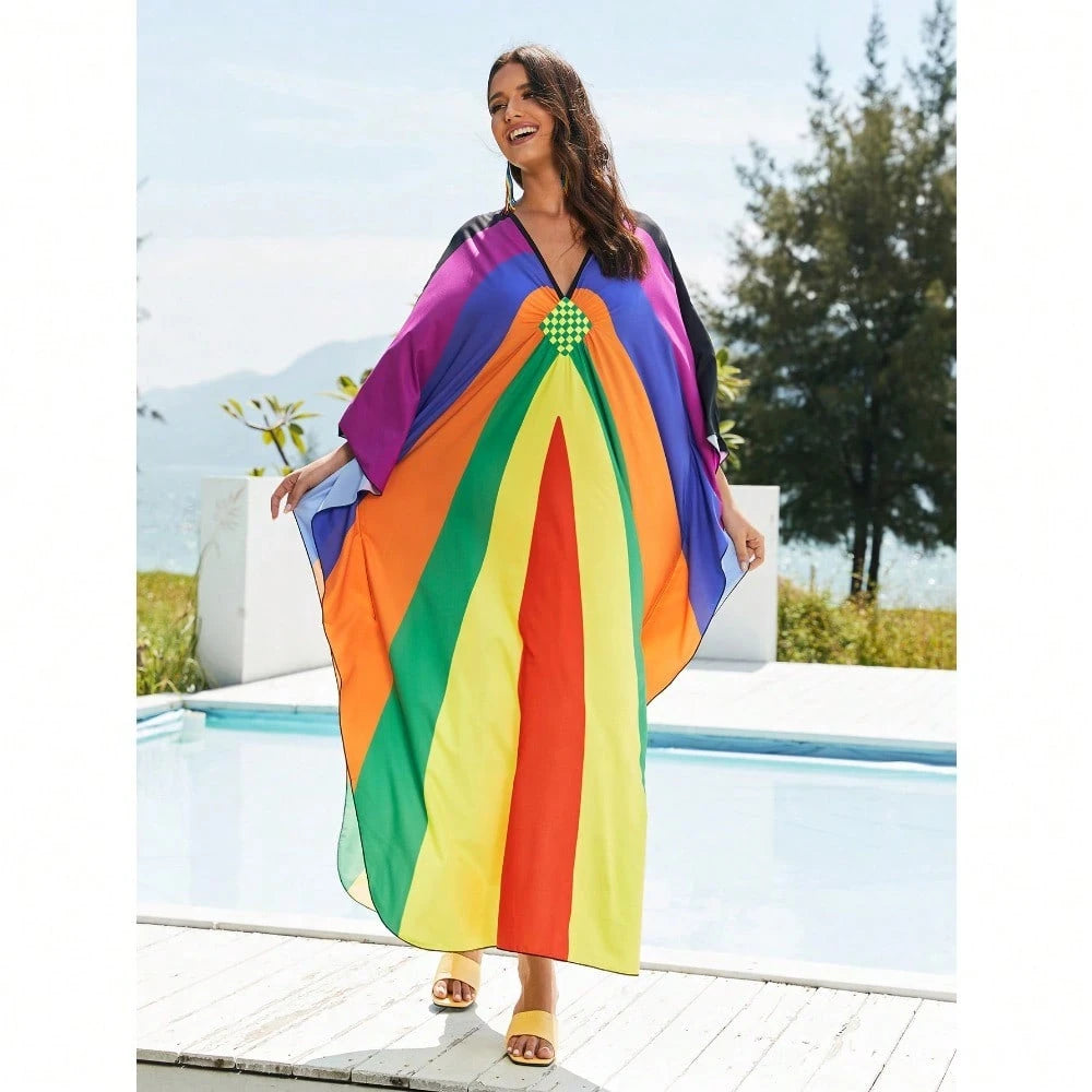 Bohemian Print V Neck Batwing Sleeve Maxi Dress Casual Loose Long Beach Cover Up Dress For Women