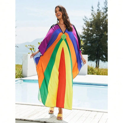 Bohemian Print V Neck Batwing Sleeve Maxi Dress Casual Loose Long Beach Cover Up Dress For Women