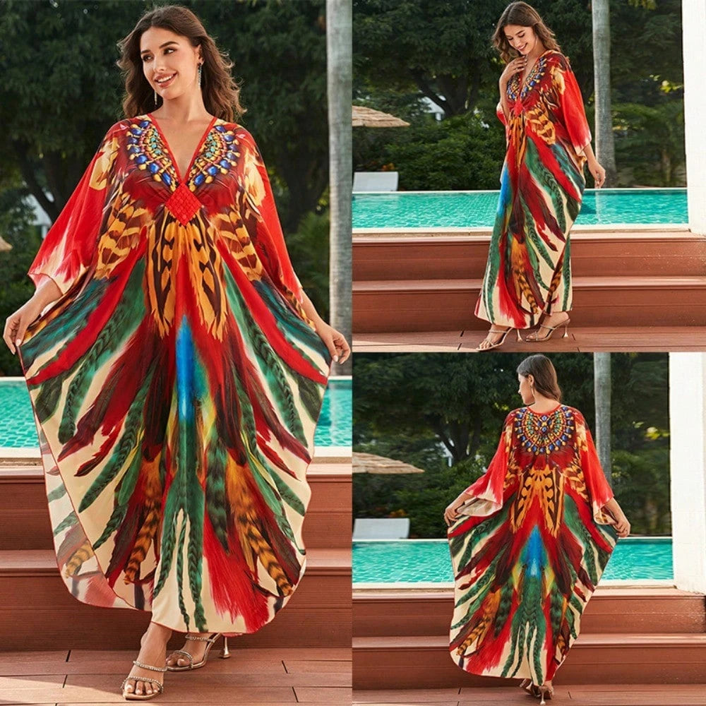 Bohemian Print V Neck Batwing Sleeve Maxi Dress Casual Loose Long Beach Cover Up Dress For Women