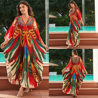 Bohemian Print V Neck Batwing Sleeve Maxi Dress Casual Loose Long Beach Cover Up Dress For Women