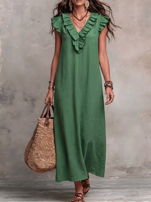 Bohemian Ruffle V-Neck Flutter Sleeve Vacation Maxi Dress Elegant Summer