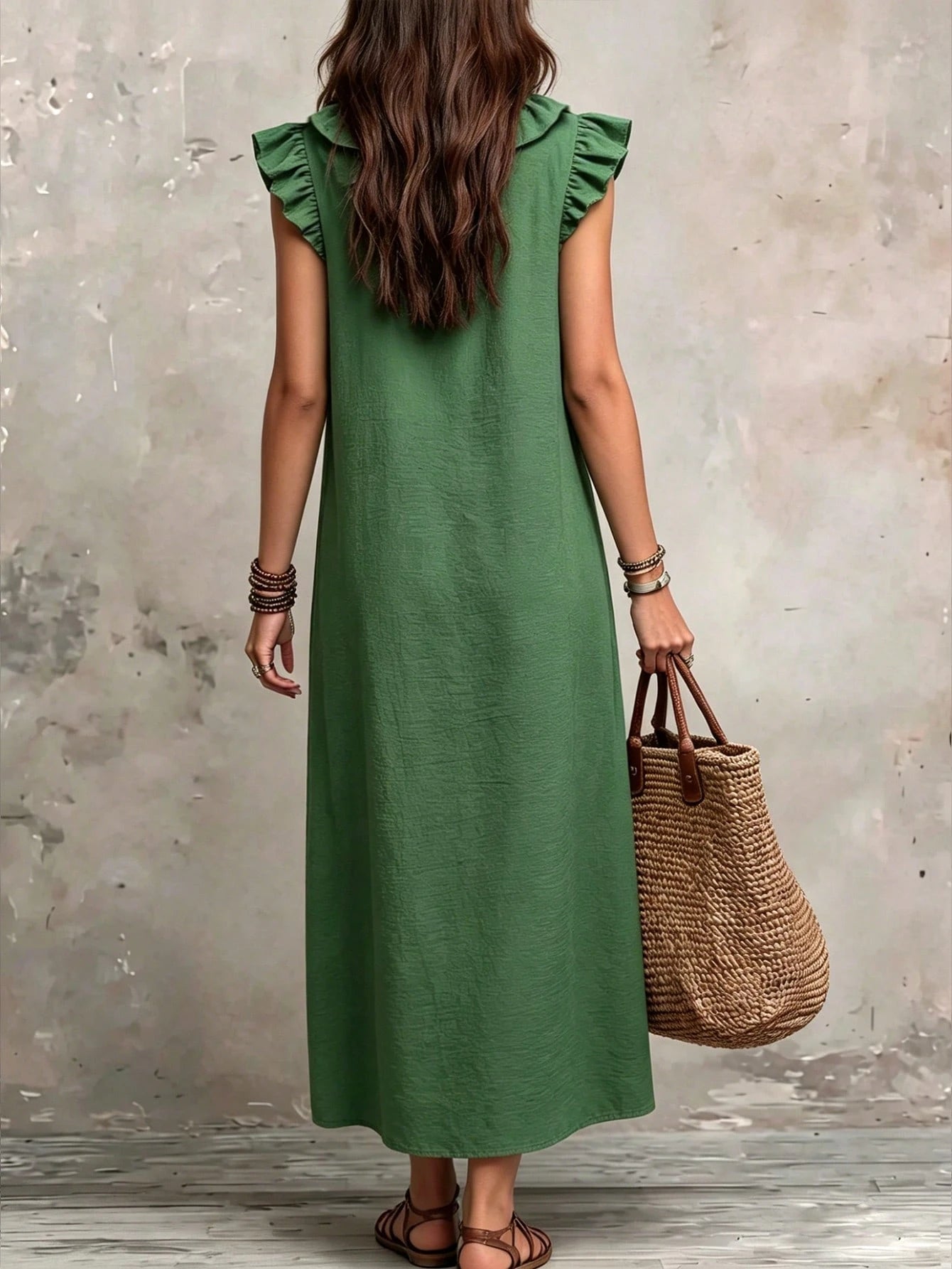 Bohemian Ruffle V-Neck Flutter Sleeve Vacation Maxi Dress Elegant Summer