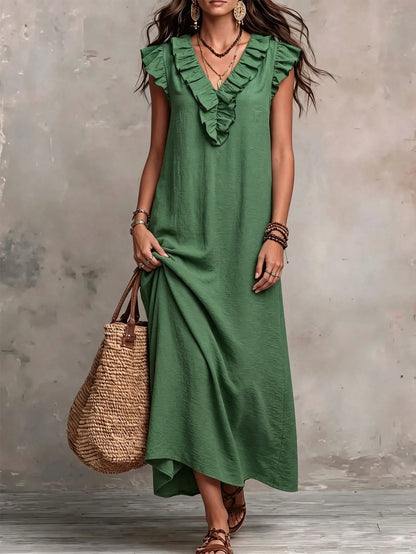 Bohemian Ruffle V-Neck Flutter Sleeve Vacation Maxi Dress Elegant Summer