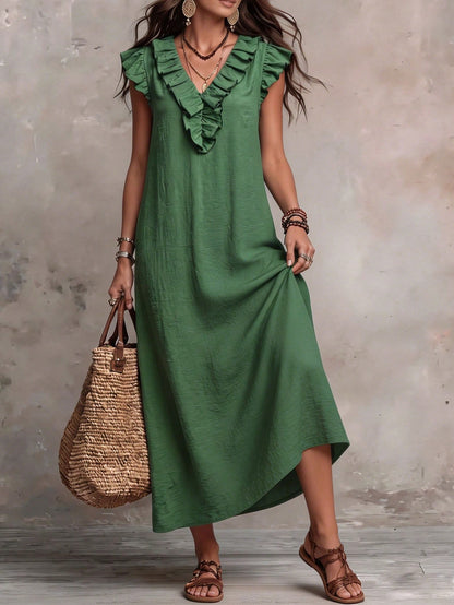 Bohemian Ruffle V-Neck Flutter Sleeve Vacation Maxi Dress Elegant Summer