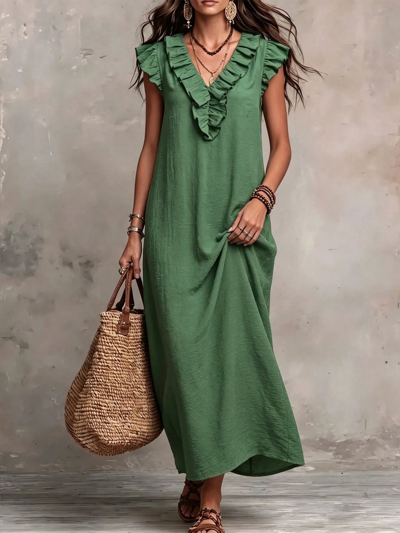 Bohemian Ruffle V-Neck Flutter Sleeve Vacation Maxi Dress Elegant Summer