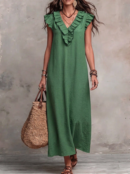 Bohemian Ruffle V-Neck Flutter Sleeve Vacation Maxi Dress Elegant Summer