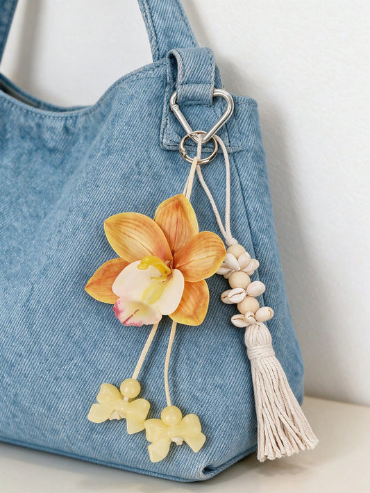 Bohemian Style Wooden Bead Faux Orchid Keychain With Shell Tassel, Y2K Cute Flower Bag Charm, Hawaiian Tropical Lucky Key Ring/Beach Accessory/Gift, Artificial Flower Keychain, Bohemian Party Gift, Su