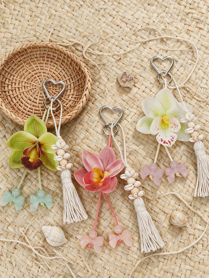 Bohemian Style Wooden Bead Faux Orchid Keychain With Shell Tassel, Y2K Cute Flower Bag Charm, Hawaiian Tropical Lucky Key Ring/Beach Accessory/Gift, Artificial Flower Keychain, Bohemian Party Gift, Su