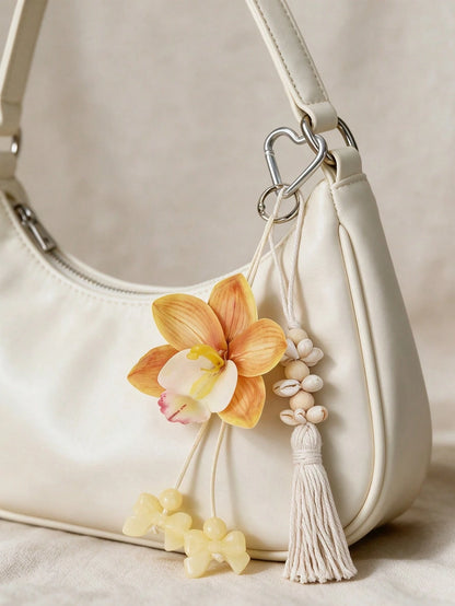 Bohemian Style Wooden Bead Faux Orchid Keychain With Shell Tassel, Y2K Cute Flower Bag Charm, Hawaiian Tropical Lucky Key Ring/Beach Accessory/Gift, Artificial Flower Keychain, Bohemian Party Gift, Su
