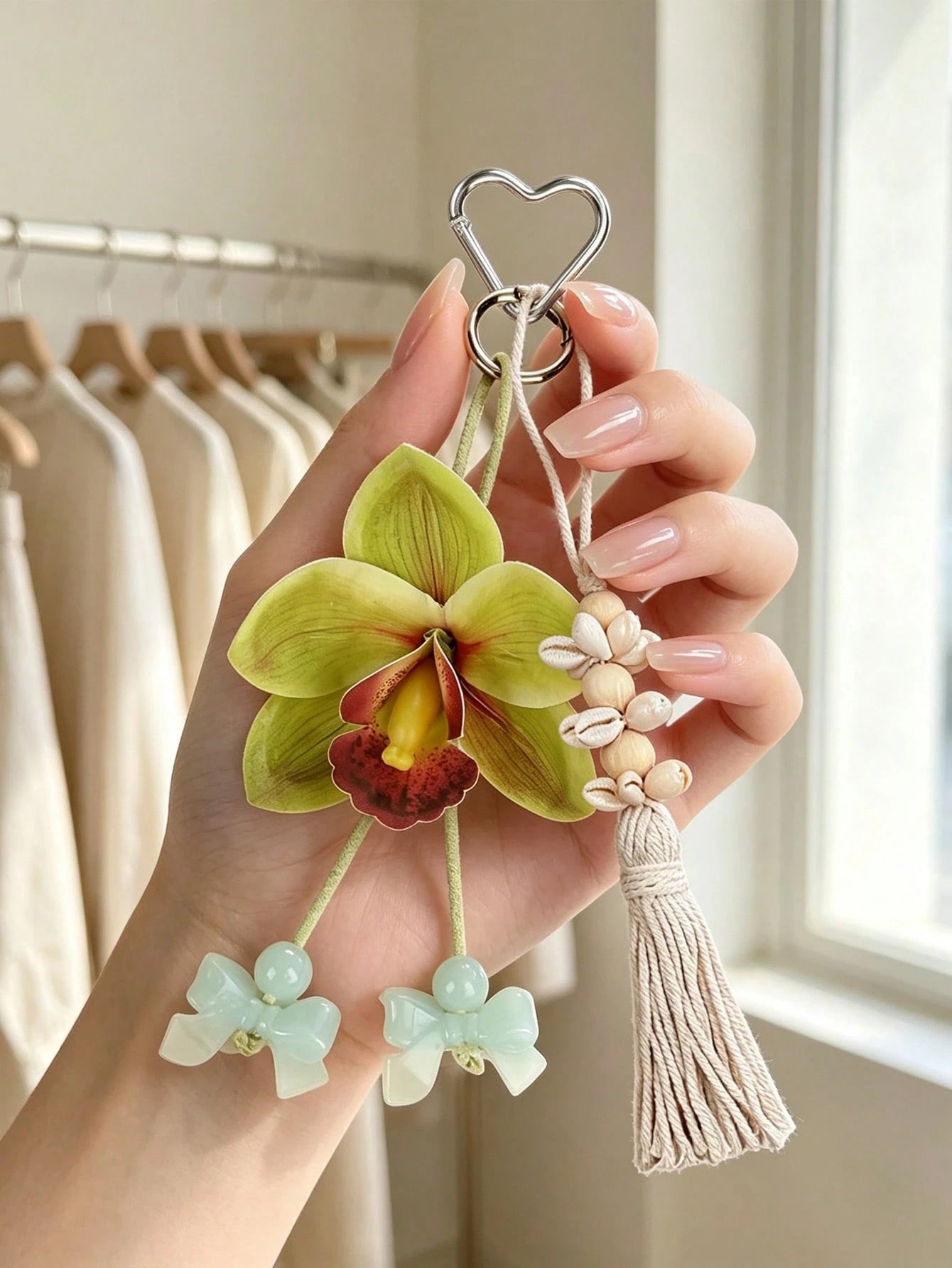 Bohemian Style Wooden Bead Faux Orchid Keychain With Shell Tassel, Y2K Cute Flower Bag Charm, Hawaiian Tropical Lucky Key Ring/Beach Accessory/Gift, Artificial Flower Keychain, Bohemian Party Gift, Su
