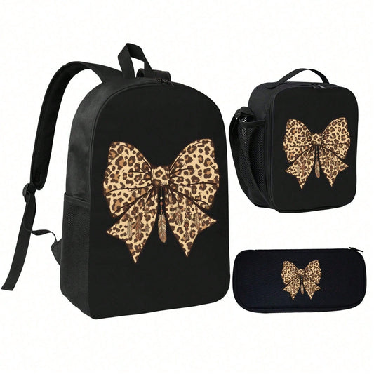 Boho Leopard Bow Dreamcatcher Backpack Set For Travel, Commuting- Stylish & Functional Design, Playful Animal Print For Autumn Getaways, Music Festivals, Weekend Trips And Holiday Gifts