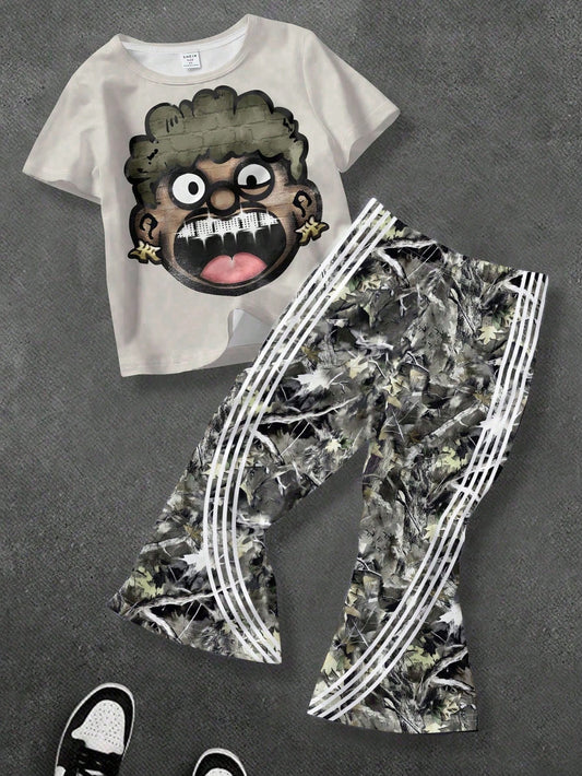 Bolty 2pcs Baby Boy Cartoon Character Print Short Sleeve T-Shirt And Striped Flare Pants Knit Set,Beige,Summer,Casual,City Break,Street Style Outfit