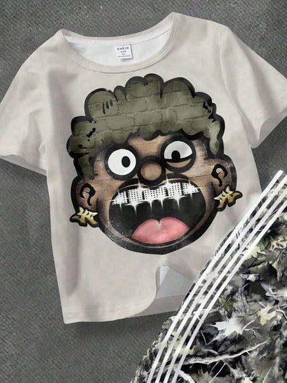 Bolty 2pcs Baby Boy Cartoon Character Print Short Sleeve T-Shirt And Striped Flare Pants Knit Set,Beige,Summer,Casual,City Break,Street Style Outfit