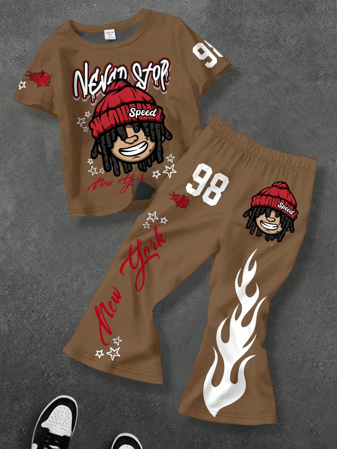 Bolty 2pcs Baby Boy Cartoon Character Print Short Sleeve T-Shirt And Striped Flare Pants Knit Set,Beige,Summer,Casual,City Break,Street Style Outfit