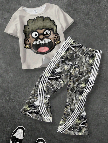 Bolty 2pcs Baby Boy Cartoon Character Print Short Sleeve T-Shirt And Striped Flare Pants Knit Set,Beige,Summer,Casual,City Break,Street Style Outfit