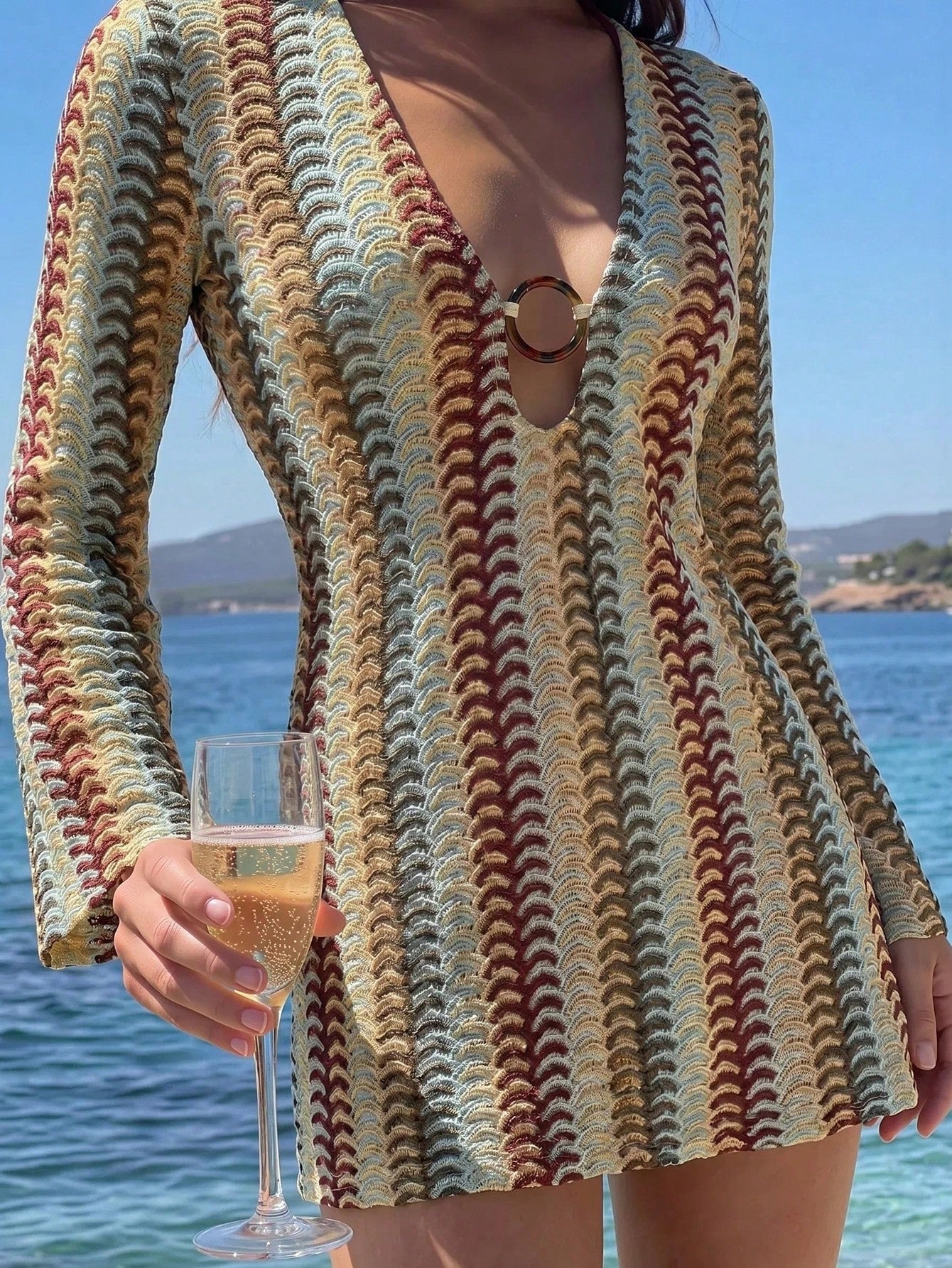 Bonvoyette New Women's Fashion Geometric Stripe Pattern Woven Texture Hollow Ring Buckle Decor Long Flare Sleeve Dress Cover-Up