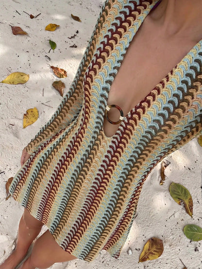 Bonvoyette New Women's Fashion Geometric Stripe Pattern Woven Texture Hollow Ring Buckle Decor Long Flare Sleeve Dress Cover-Up