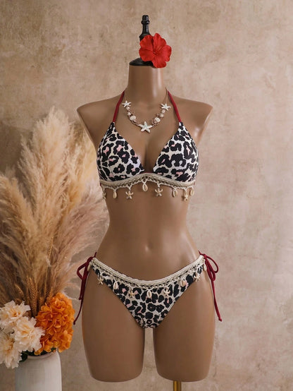 Bonvoyette Springbreak Solid Color Textured Fabric Shell Trim Halter Tie Bikini Top And Tie Triangle Bottom Summer Vacation Beach Party Women Bikini Set