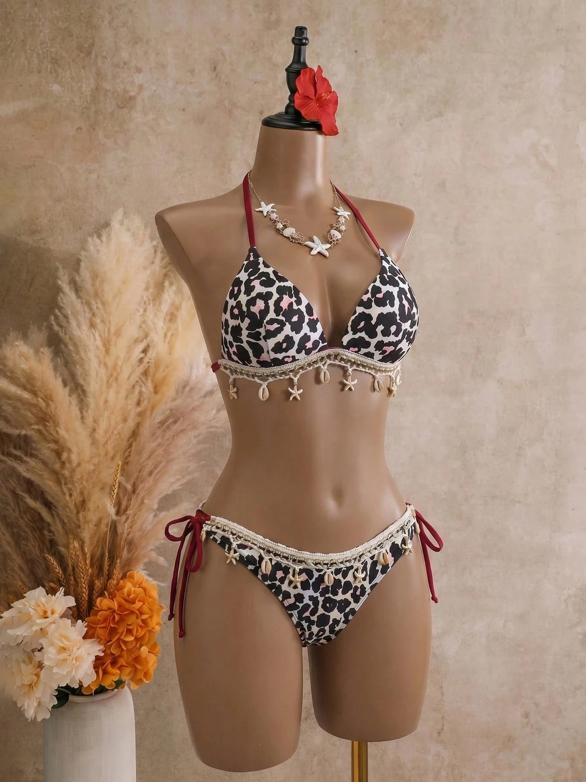 Bonvoyette Springbreak Solid Color Textured Fabric Shell Trim Halter Tie Bikini Top And Tie Triangle Bottom Summer Vacation Beach Party Women Bikini Set