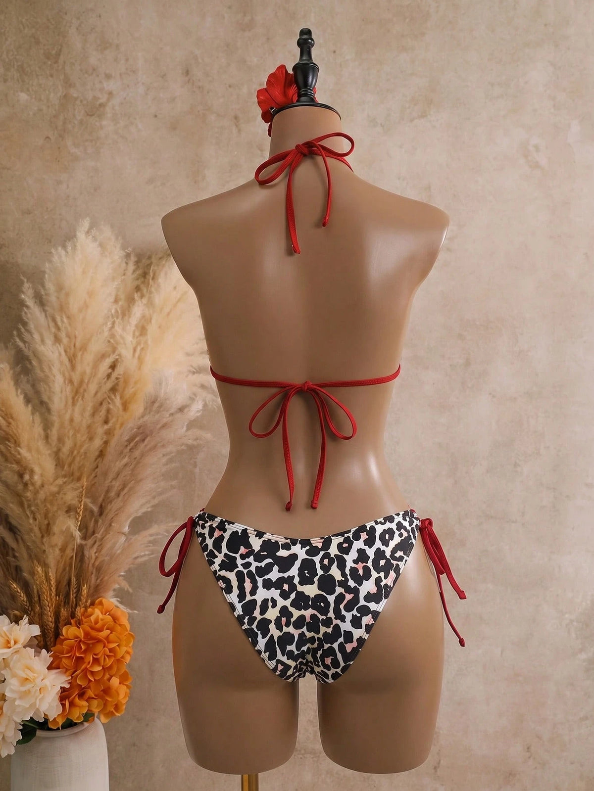 Bonvoyette Springbreak Solid Color Textured Fabric Shell Trim Halter Tie Bikini Top And Tie Triangle Bottom Summer Vacation Beach Party Women Bikini Set