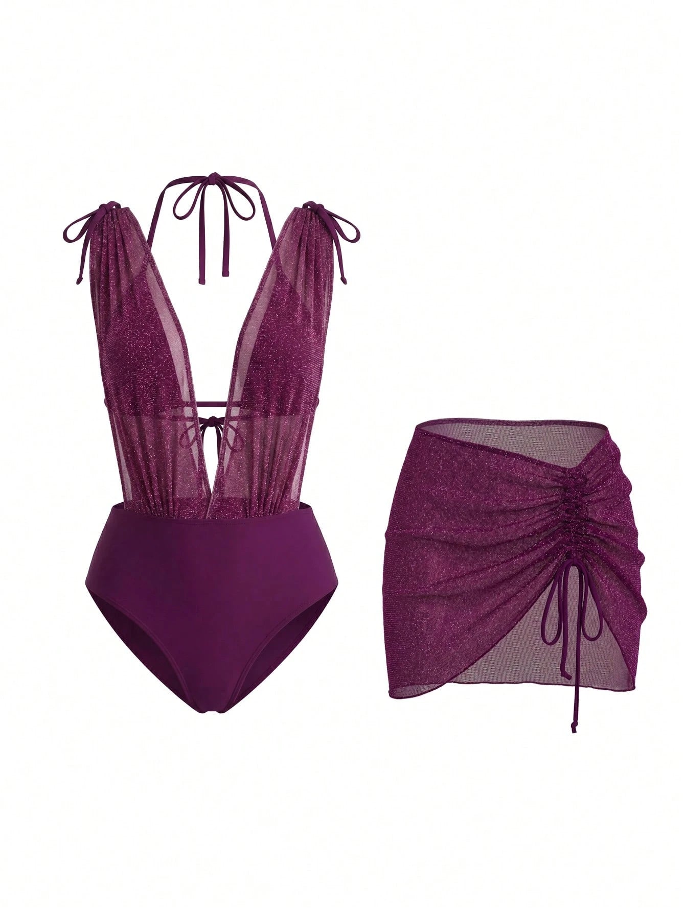 Bonvoyette Women's Sexy Burgundy Mesh-Paneled Deep V-Neck One-Piece Swimsuit With Drawstring Skirt For Summer Beach Vacation