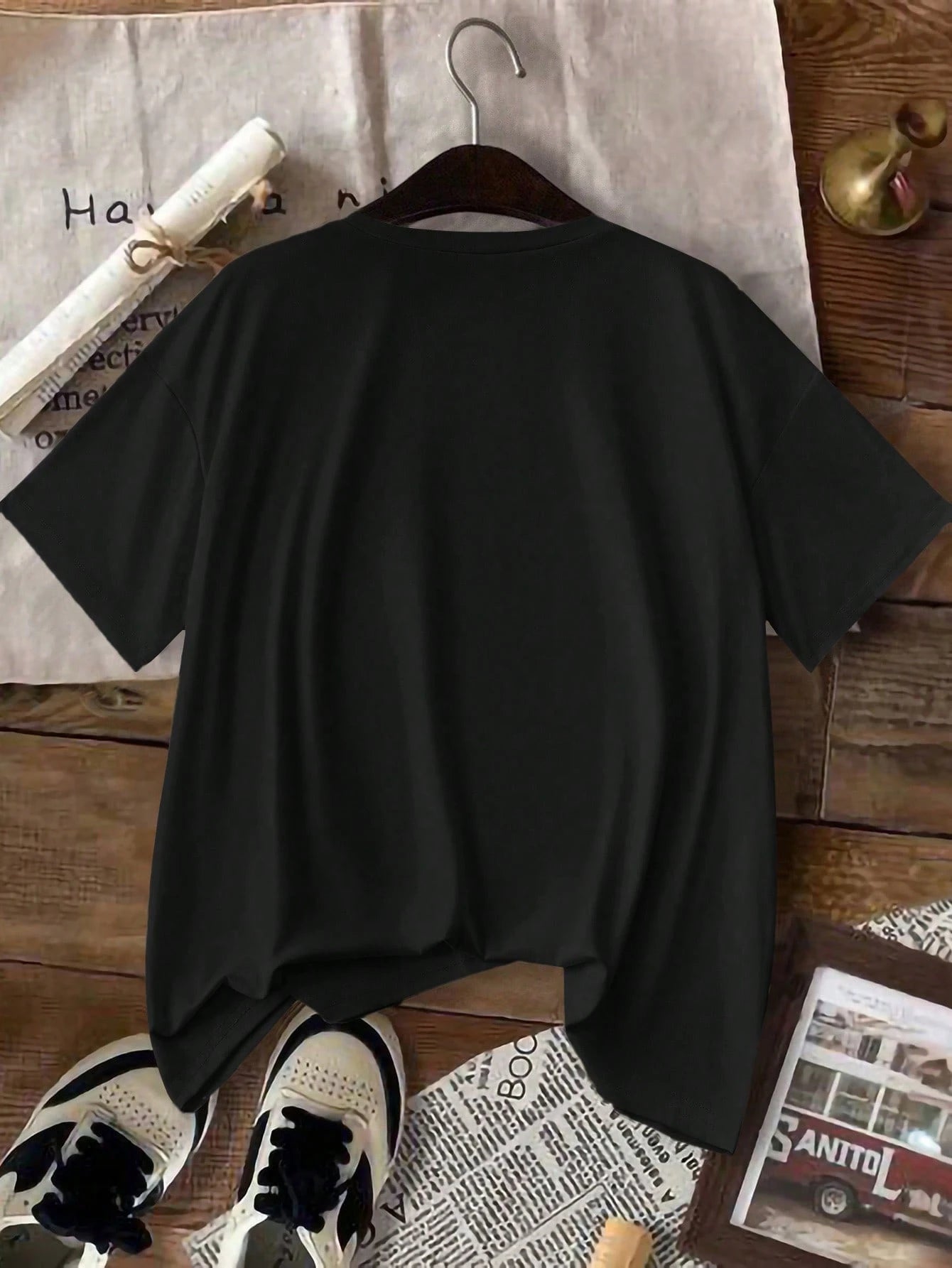 Bow Knot Print Wide Shoulder Loose Short Sleeve T-Shirt Top Casual Black Summer