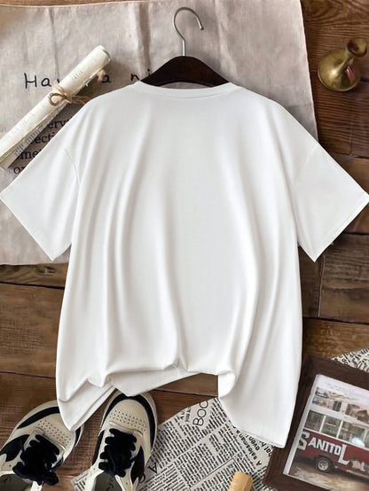 Bow Knot Print Wide Shoulder Loose Short Sleeve T-Shirt Top Casual Black Summer