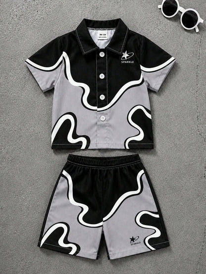 Boys Black Grey White Colorblock Abstract Wave Print Shirt With "SPARKLE" Star Pattern On Chest Paired With Casual Shorts, Streetwear Cool Style, Boys Short Sleeve Shorts Set, Boys Clothing, Boys Shir
