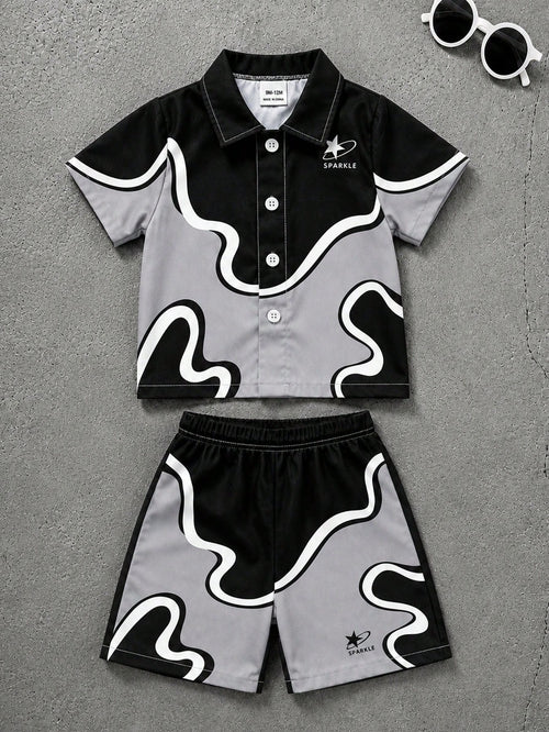 Boys Black Grey White Colorblock Abstract Wave Print Shirt With "SPARKLE" Star Pattern On Chest Paired With Casual Shorts, Streetwear Cool Style, Boys Short Sleeve Shorts Set, Boys Clothing, Boys Shir