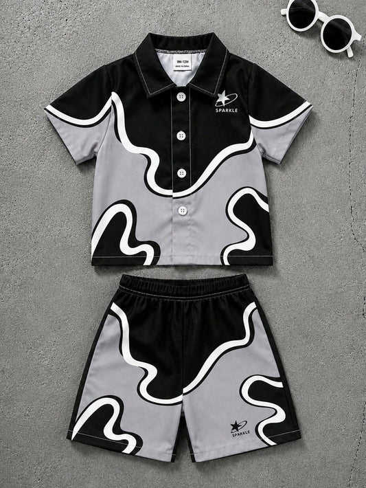 Boys Black Grey White Colorblock Abstract Wave Print Shirt With "SPARKLE" Star Pattern On Chest Paired With Casual Shorts, Streetwear Cool Style, Boys Short Sleeve Shorts Set, Boys Clothing, Boys Shir