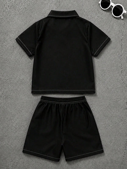 Boys Black Grey White Colorblock Abstract Wave Print Shirt With "SPARKLE" Star Pattern On Chest Paired With Casual Shorts, Streetwear Cool Style, Boys Short Sleeve Shorts Set, Boys Clothing, Boys Shir