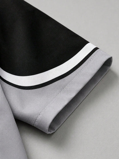 Boys Black Grey White Colorblock Abstract Wave Print Shirt With "SPARKLE" Star Pattern On Chest Paired With Casual Shorts, Streetwear Cool Style, Boys Short Sleeve Shorts Set, Boys Clothing, Boys Shir