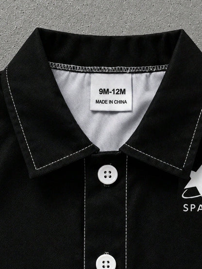 Boys Black Grey White Colorblock Abstract Wave Print Shirt With "SPARKLE" Star Pattern On Chest Paired With Casual Shorts, Streetwear Cool Style, Boys Short Sleeve Shorts Set, Boys Clothing, Boys Shir
