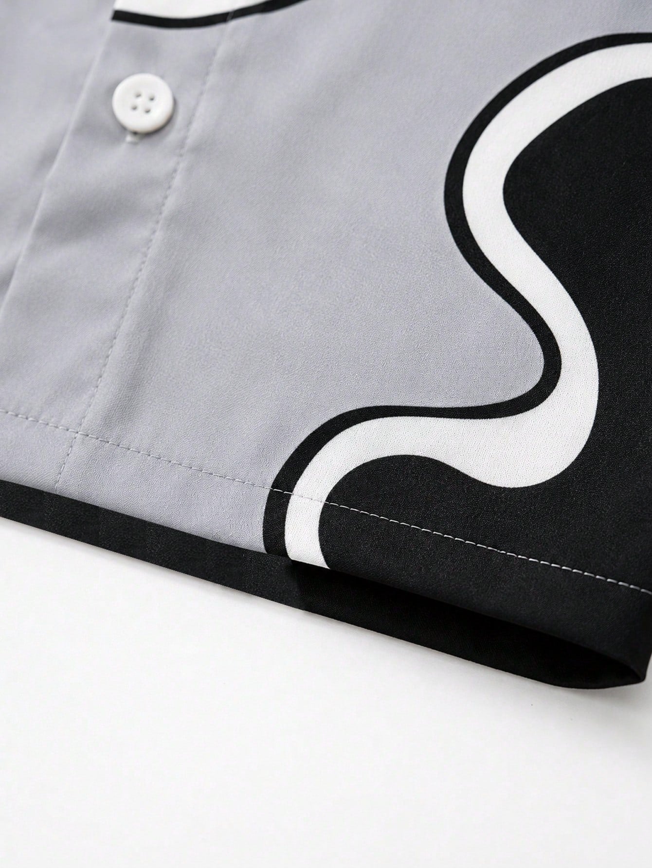 Boys Black Grey White Colorblock Abstract Wave Print Shirt With "SPARKLE" Star Pattern On Chest Paired With Casual Shorts, Streetwear Cool Style, Boys Short Sleeve Shorts Set, Boys Clothing, Boys Shir