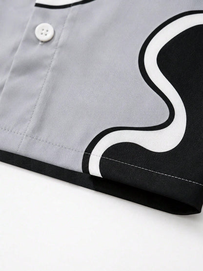 Boys Black Grey White Colorblock Abstract Wave Print Shirt With "SPARKLE" Star Pattern On Chest Paired With Casual Shorts, Streetwear Cool Style, Boys Short Sleeve Shorts Set, Boys Clothing, Boys Shir