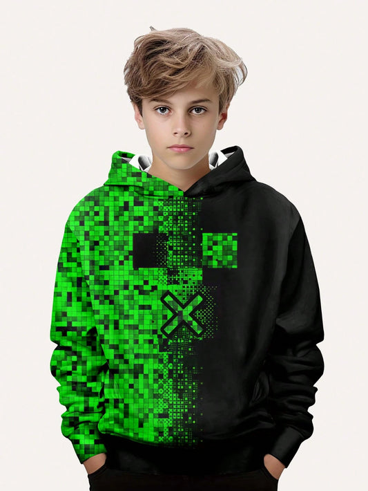 Boys' Fashionable Printed Casual Hoodie- Long Sleeve, Crew Neck Pullover, Suitable For Spring & Autumn, Cool Graphic Print