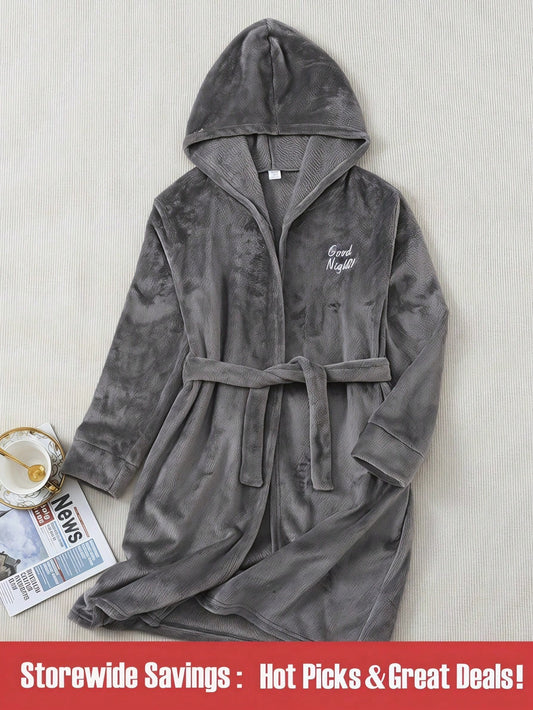 Boys' Grey Letter Embroidered Flame Retardant Long Sleeve Hooded Fleece Bathrobe Loungewear