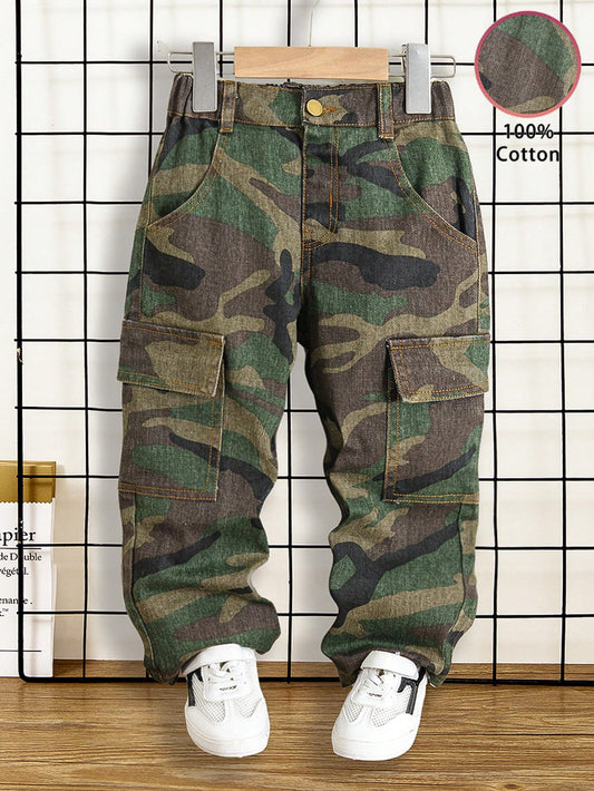 Boys' New Fashion Cargo Style Elastic Waist Multi-Pocket Design Casual Camouflage Denim Jeans Suitable For Street Style Matching School Outings Multi-Scenario Wear Camouflage Denim Jeans