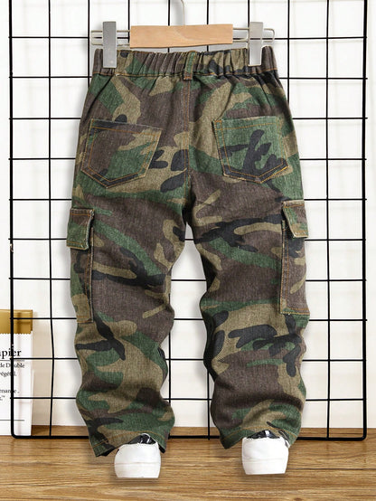 Boys' New Fashion Cargo Style Elastic Waist Multi-Pocket Design Casual Camouflage Denim Jeans Suitable For Street Style Matching School Outings Multi-Scenario Wear Camouflage Denim Jeans