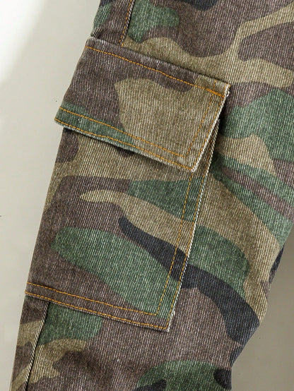 Boys' New Fashion Cargo Style Elastic Waist Multi-Pocket Design Casual Camouflage Denim Jeans Suitable For Street Style Matching School Outings Multi-Scenario Wear Camouflage Denim Jeans