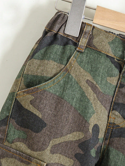 Boys' New Fashion Cargo Style Elastic Waist Multi-Pocket Design Casual Camouflage Denim Jeans Suitable For Street Style Matching School Outings Multi-Scenario Wear Camouflage Denim Jeans