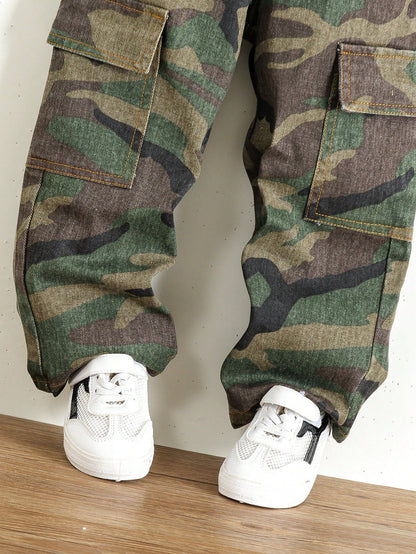 Boys' New Fashion Cargo Style Elastic Waist Multi-Pocket Design Casual Camouflage Denim Jeans Suitable For Street Style Matching School Outings Multi-Scenario Wear Camouflage Denim Jeans
