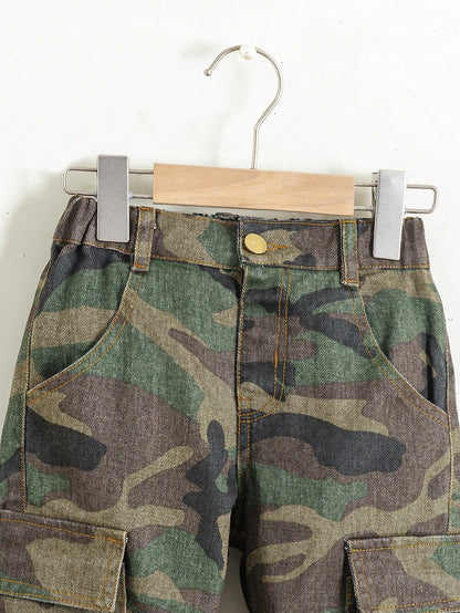 Boys' New Fashion Cargo Style Elastic Waist Multi-Pocket Design Casual Camouflage Denim Jeans Suitable For Street Style Matching School Outings Multi-Scenario Wear Camouflage Denim Jeans