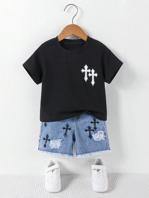 Boys Summer Two-Piece Set Black And White Blue Cross Print Short Sleeve T-Shirt Distressed Denim Shorts Personalized Gothic Alt Style Casual Vacation