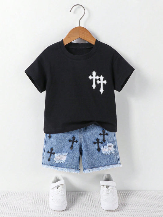Boys Summer Two-Piece Set Black And White Blue Cross Print Short Sleeve T-Shirt Distressed Denim Shorts Personalized Gothic Alt Style Casual Vacation