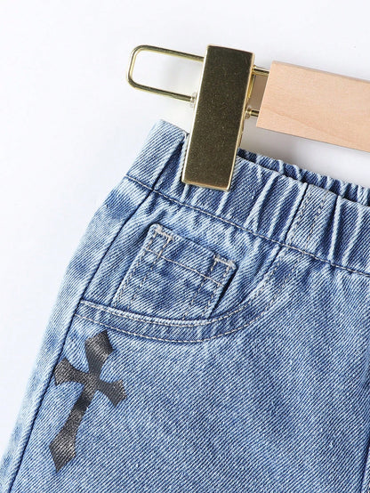 Boys Summer Two-Piece Set Black And White Blue Cross Print Short Sleeve T-Shirt Distressed Denim Shorts Personalized Gothic Alt Style Casual Vacation