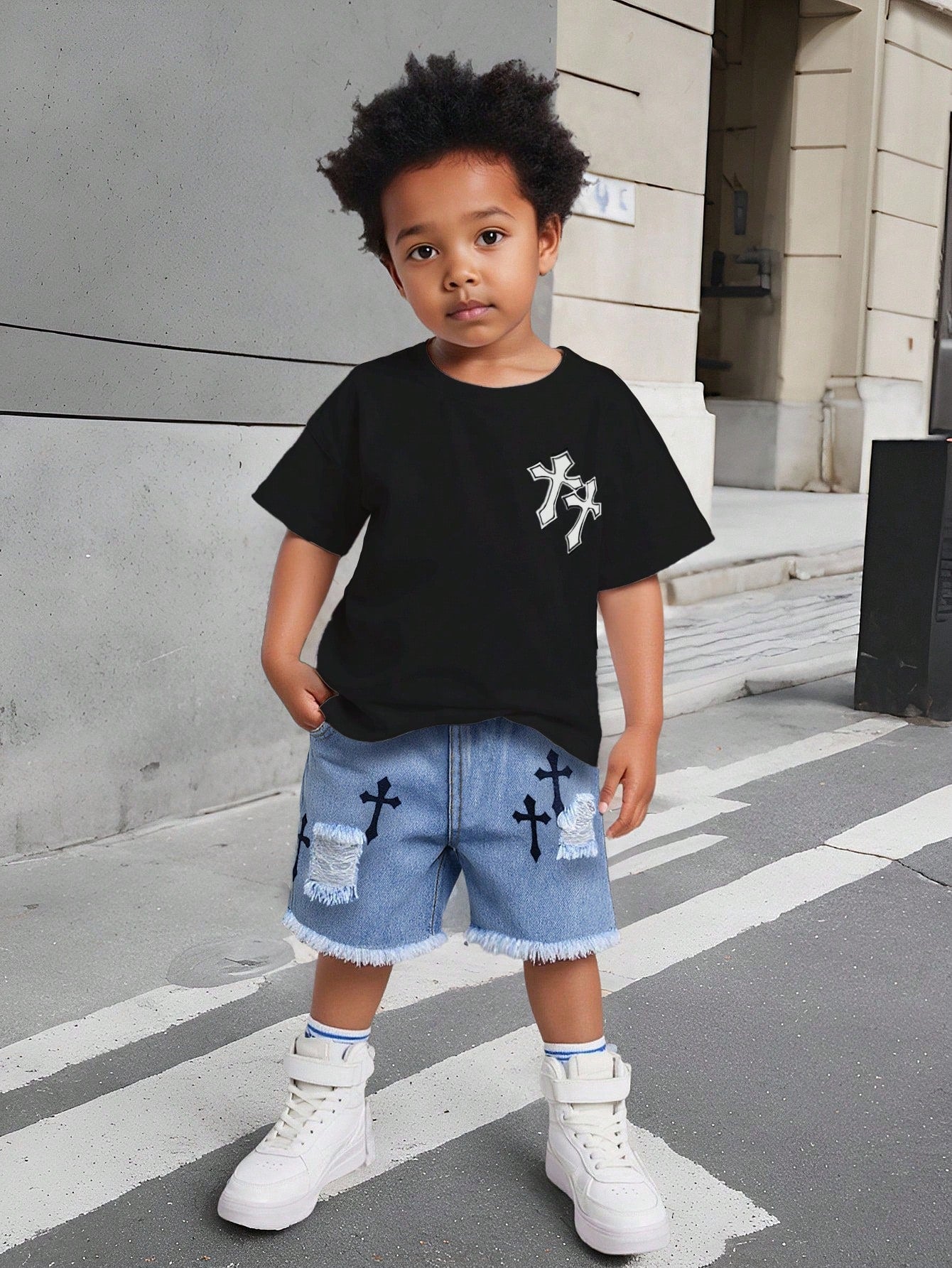 Boys Summer Two-Piece Set Black And White Blue Cross Print Short Sleeve T-Shirt Distressed Denim Shorts Personalized Gothic Alt Style Casual Vacation