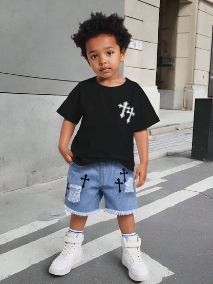 Boys Summer Two-Piece Set Black And White Blue Cross Print Short Sleeve T-Shirt Distressed Denim Shorts Personalized Gothic Alt Style Casual Vacation