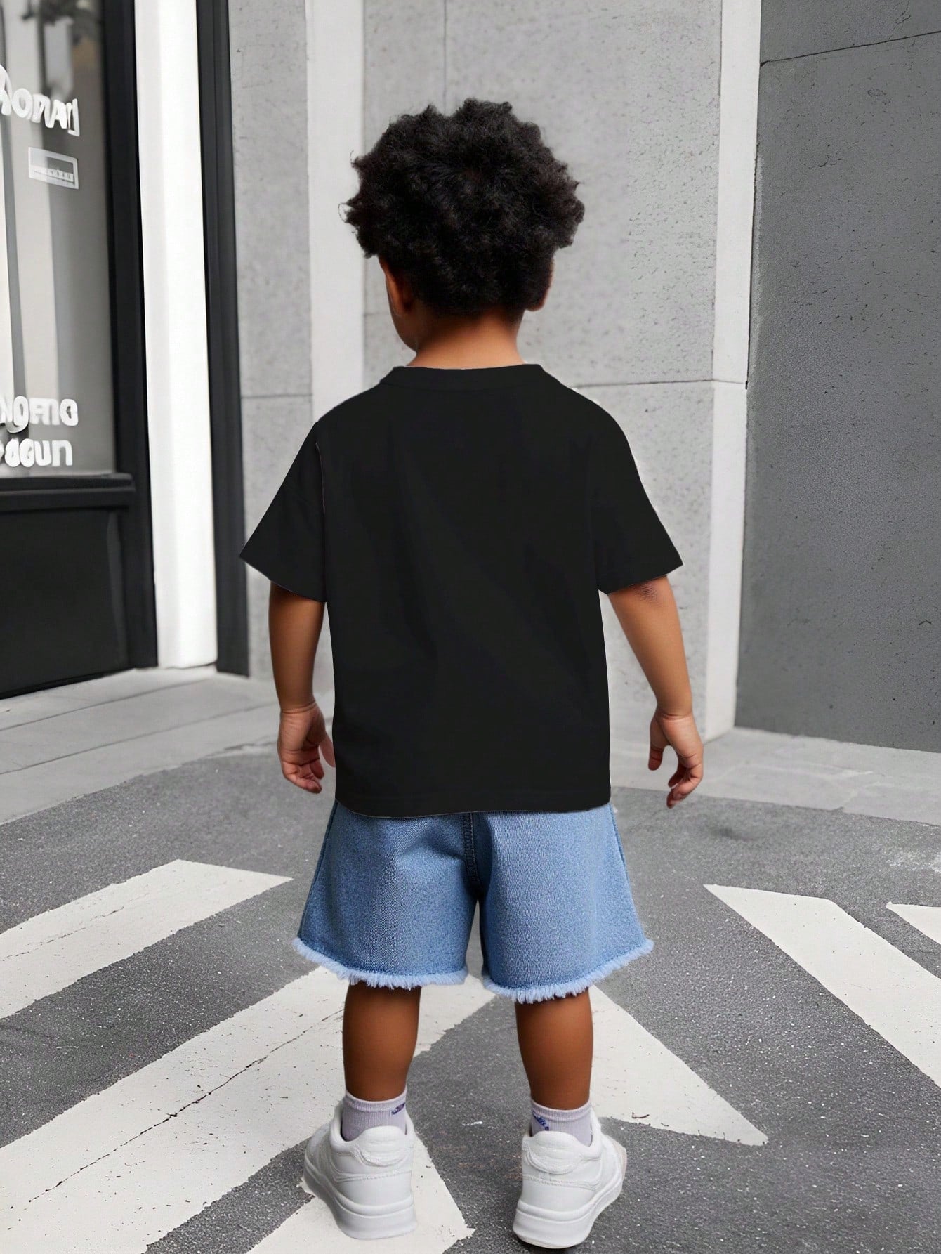 Boys Summer Two-Piece Set Black And White Blue Cross Print Short Sleeve T-Shirt Distressed Denim Shorts Personalized Gothic Alt Style Casual Vacation