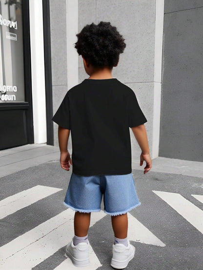 Boys Summer Two-Piece Set Black And White Blue Cross Print Short Sleeve T-Shirt Distressed Denim Shorts Personalized Gothic Alt Style Casual Vacation